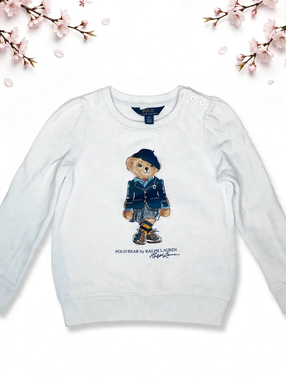 Ralph Lauren White Polo Bear Long Sleeve Sweatshirt with Navy Accent